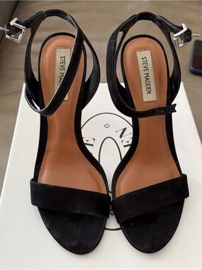 Steve Madden Landen Black Suede Open-Toe Ankle Strap Heels